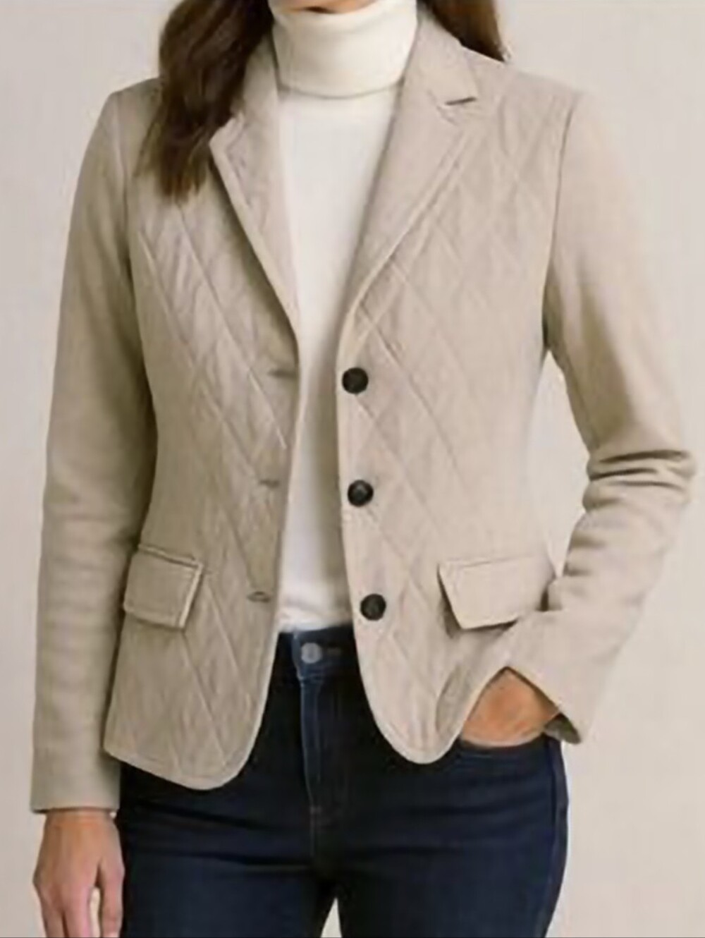 Talbots Wool Blend Quilted Light Beige Women's Blazer With Knit Sleeves Size 14p